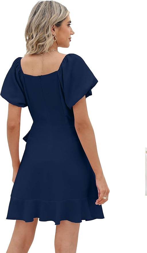 Sampeel Womens Summer Dresses Square Neck Puff Sleeve Tie Waist Short Dress