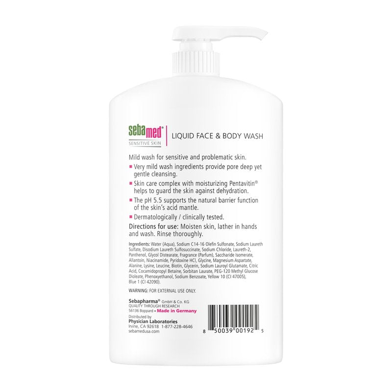 SEBAMED Liquid Face and Body Wash For Sensitive Skin pH 5.5 Mild Gentle Hydrating Cleanser Hypoallergenic Dermatologist Recommended 33.8 Fluid Ounces (1 Liter) For Healthier Smoother Skin