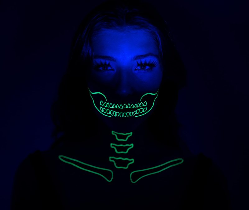 Tattoocrew 2 x Neon Skull Face Pink Temporary Tattoo, Halloween Costume for Women and Men, Adult, Glow in the Dark