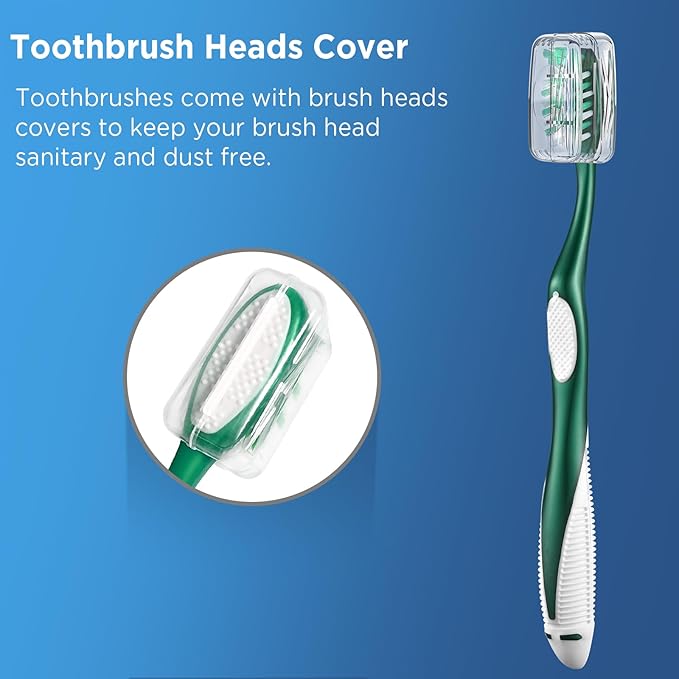 Firm Toothbrushes with Covers for Adults, Cross Hard Bristles, with Built in Tongue Scraper, 6 Count