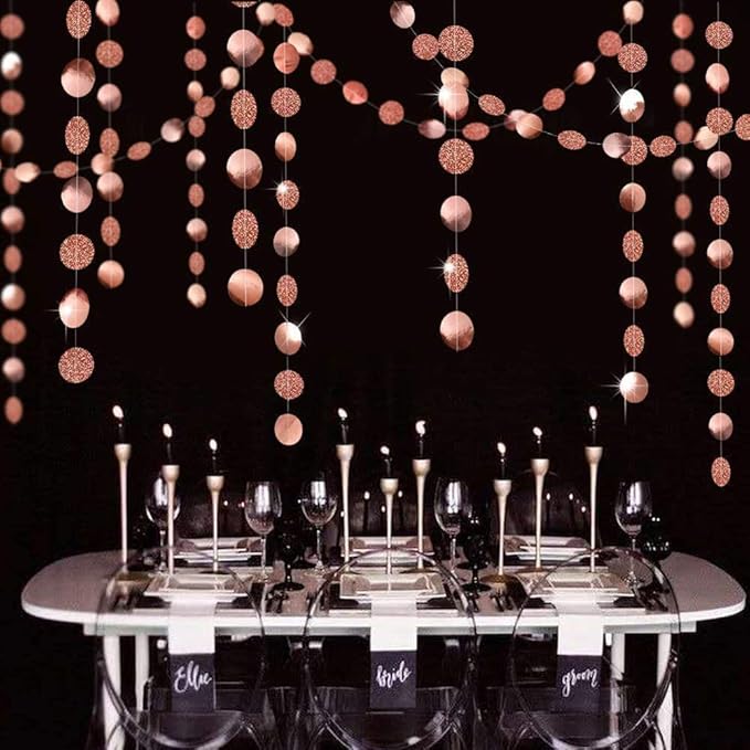 JEYE Glitter Rose Gold Circle Dots Party Garland Decoration Metallic Paper Hanging Streamer Bunting Banner Backdrop Decor for Birthday Wedding New Year(Pack of 2, 26 Feet in Total)