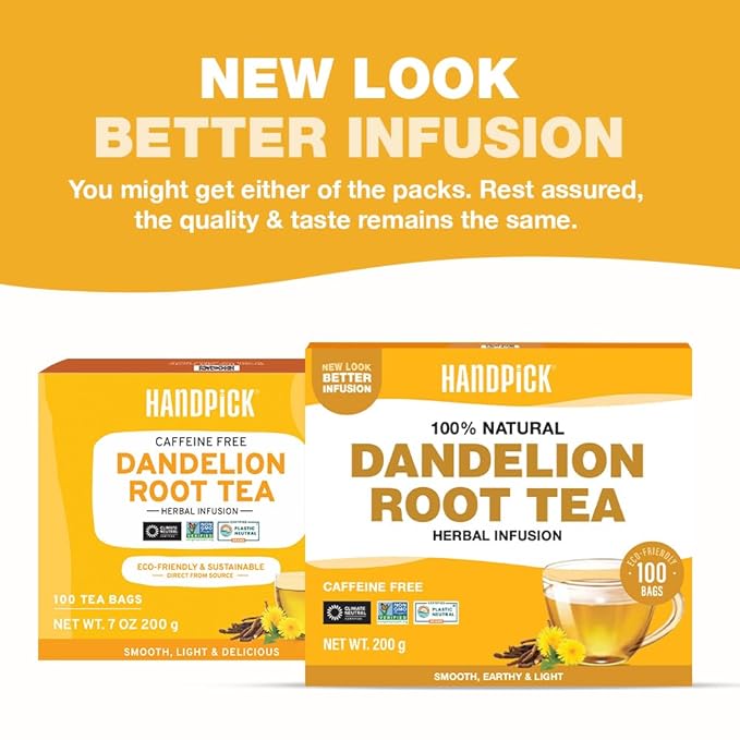 HANDPICK - Dandelion Root Tea bags, 100 Teabags - Natural Dandelion Herbal Tea for Liver & Kidney Health - Non-GMO - Caffeine-free - Support Digestion & Boost Immune System