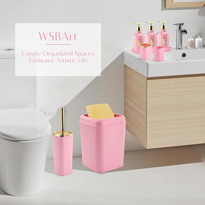 17PCS Bathroom Accessory Set Pink Bathroom Set Bathroom Accessories,Toilet Brush, Trash Can, Qtip Holder Dispenser& 3PCS Soap Dispenser