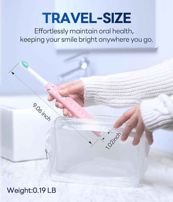 Bymore Electric Toothbrush for Adults,Travel SonicToothbrush with 8 Replacement Heads, Ultra Clean RechargeableToothbrush Portable Electric Toothbrush-Dark Pink