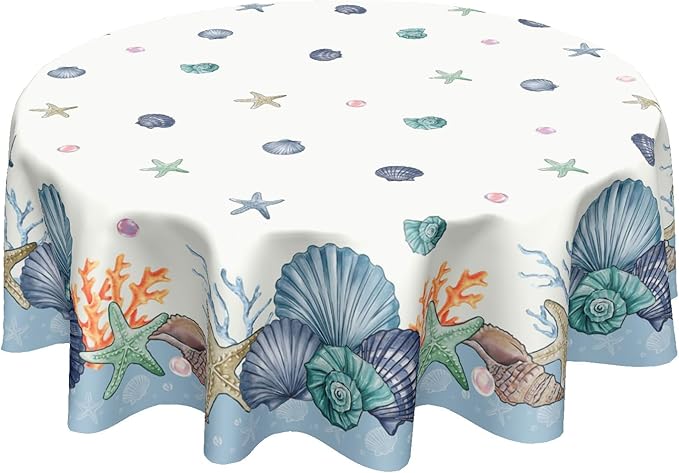 Summer Nautical Coastal Round Tablecloth 70 Inch Coral Shells Starfish Circle Table Cloth Blue Table Cover Washable Polyester Decorations for Kitchen Dinning Room Party