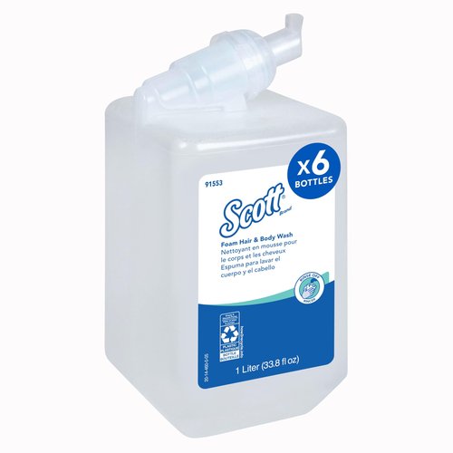 Scott Professional Foam Hair and Body Wash (91553), 1.0 L, Foaming, Light Blue, Fresh Scent, Manual Refills, (6 Bottles)