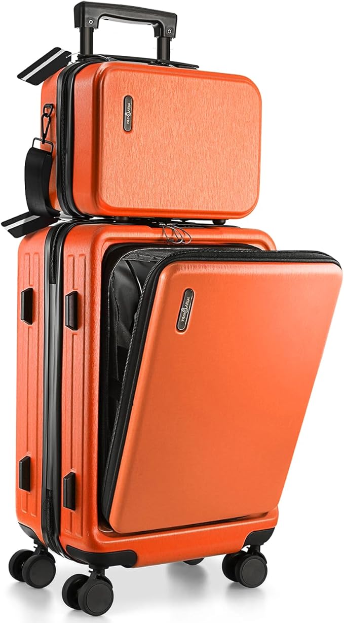 TRAVELARIM 20 Inch Carry On Luggage 22x14x9 Airline Approved, Carry On Suitcase with Wheels, Hard-shell Carry-on Luggage, Durable Luggage Carry-On, Orange Small Suitcase with Cosmetic Bag