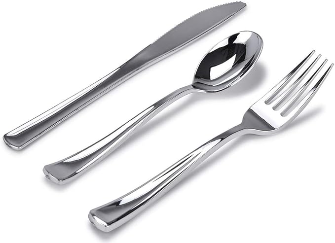Silver Plastic Silverware Set (600-Pack) – Disposable Heavy Duty Cutlery, 200 Forks, 200 Knives, 200 Spoons for Parties, Weddings, Dinners & Holidays