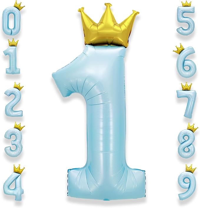 AULE 40 Inch Big Light Blue 1 Balloon Number with Crown Large Foil Helium Number Balloons 0-9 Jumbo Giant Happy 1st Birthday Party Decorations Huge Mylar Anniversary Party Supplies