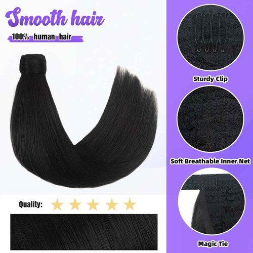 20 Inch Human Hair Ponytail 90g Long Wrap Around Ponytail Natural Black Real Hair Ponytail Extension for Women(20inch,Natural Black)