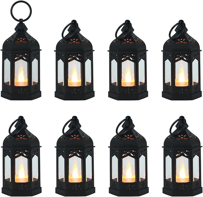 LLQ 8Pcs Mini Lanterns for Centerpiece, Medieval Gothic Fairy Party Decor, Decorative Candle Lanterns for Indoor, Small Vintage Lantern for Halloween Christmas Wedding Table Decor, Black