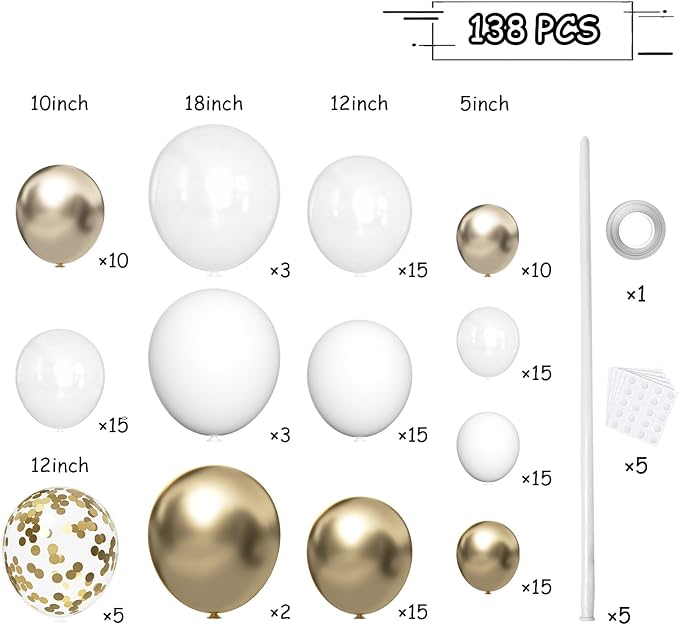 143 Pack Gold White Champagne and Pearl Balloons Garland & Arch Kit-Small and Large White， Gold Balloons -Gold and white Bridal Shower Wedding Birthday Baby Shower Party Decorations