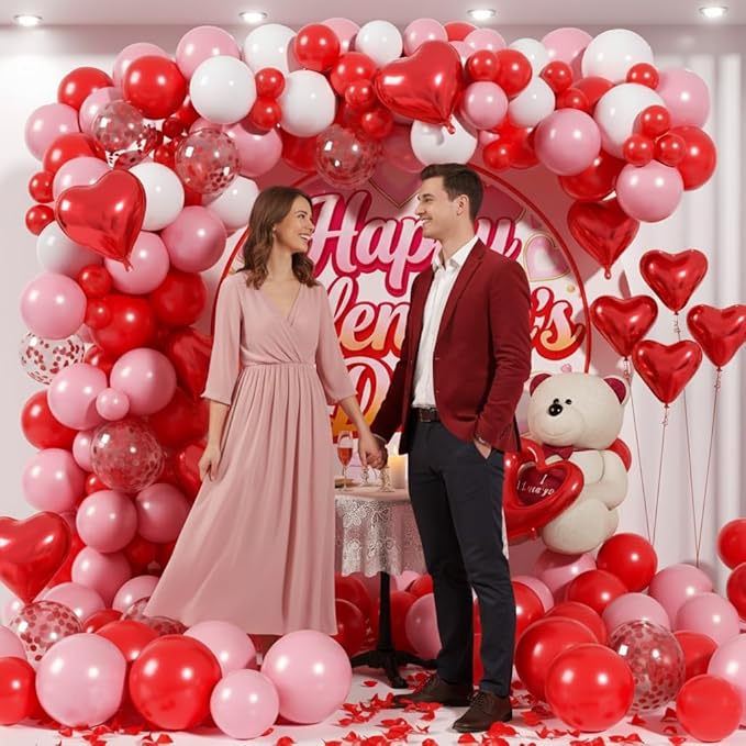 Valentines Day Balloons Garland Arch Kit - 147Pcs Different Size Red Pink White and Confetti Balloons with Heart Foil Balloon for Valentine's Day Galentine's Day Anniversary Party Decorations
