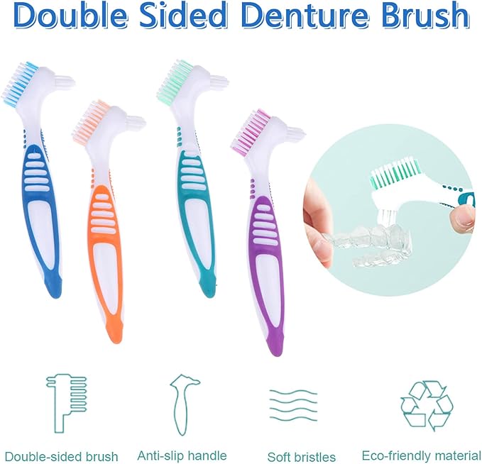 Denture Brush, 4 Pieces Small Toothbrush for Dentures, Multi-Layered Bristles Ergonomic Rubber Handle for False Teeth Cleaning