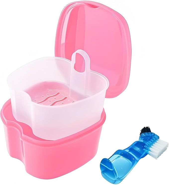 Keedolla Denture Cleaning Case Orthodontic Dental Retainer Container,Denture Holder Case Retainer Soaking Cups for Travel, Camping, Office - Pink