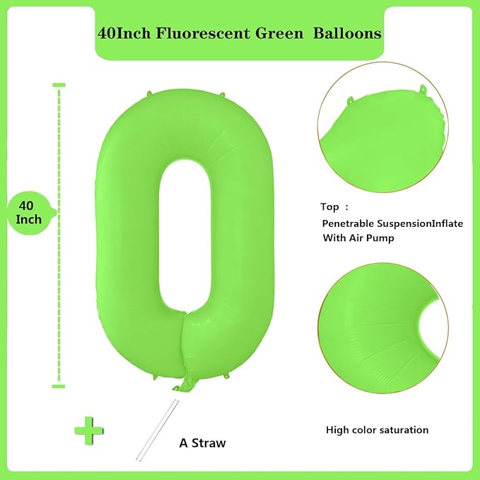 Fluorescent Green Number Balloon 40 inch Giant Foil Helium Balloons Green Number 0 Balloon for Birthday Party Decorations
