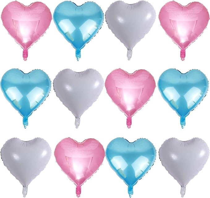 Lovoir 12 Pcs Pink Heart Shape Foil Mylar Balloons 18 Inch Love Balloons for Valentine's Day Birthday Party Decorations Wedding Engagement Romantic Decor (Pearl Pink & Pearl Blue & White)