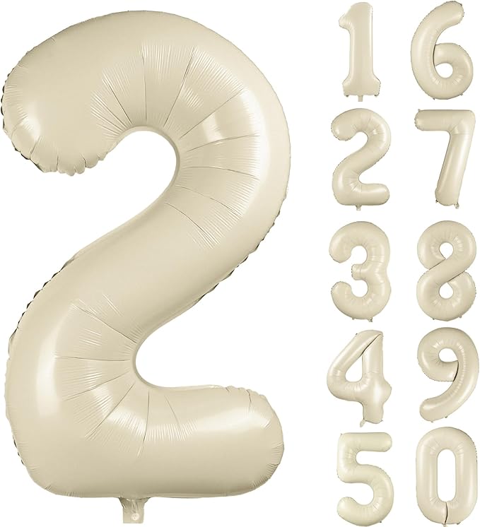 40 inch Cream White Number Balloon Giant Foil Helium Balloons Beige Number 2 Balloon for 2nd Birthday Party Anniversary Decorations Supplies