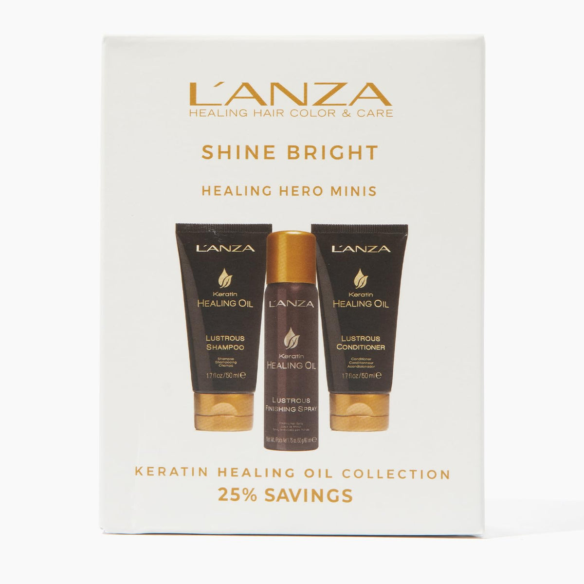 L'ANZA Keratin Healing Oil Mini Trio Hair Kit, Lustrous Keratin Shampoo, Conditioner & Finishing Hairspray in a Gift Box, Luxury Hair Care Kit for Dry, Damaged Hair (1.7/1.7/2 Fl Oz)
