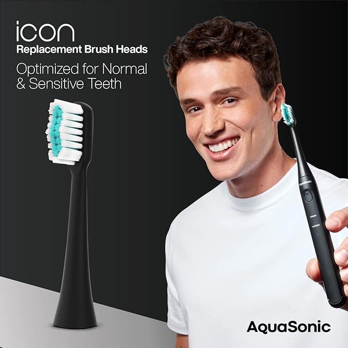 AquaSonic Genuine Icon Replacement Brush Heads | Compatible with AquaSonic Icon Toothbrush | 2 Brush Heads | for Normal & Sensitive Teeth (Onyx)