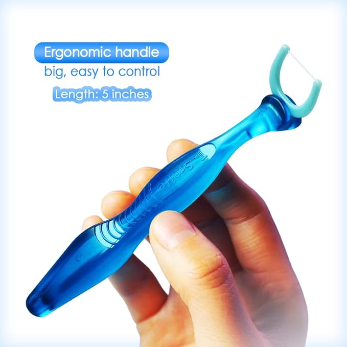 T.Smile NoFuss Dental Flosser Kit, 5-inch Long Handle & Refill Heads, Extra-Strength Floss for Comfortable Clean, Fluoride Free, (1 Blue Handle + 100 Extra-Strength Floss Refills)