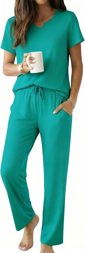 Ekouaer 2 Piece Womens Pajamas V Neck Short Sleeve Top and Long Pants Pjs Print Lounge Set Sleepwear