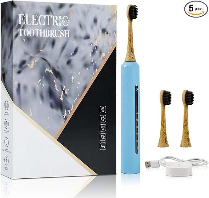 Bamboo Electric Toothbrush for Adults丨Rechargeable Electric Toothbrush with 3 Non Toxic Charcoal Infused Bamboo Brush Heads, 5 Cleaning Modes, 60 Days Battery Life, IPX7 Waterproof-Blue