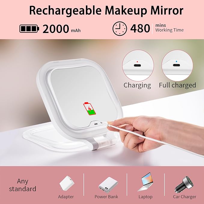DESCHEN Rechargeable Travel Makeup Vanity Mirror with Lights and Magnification, Portable 1X/10X Magnifying Mirror with 3 Color Light, Lighted Makeup Mirror with Magnification, Folding LED Desk Mirror