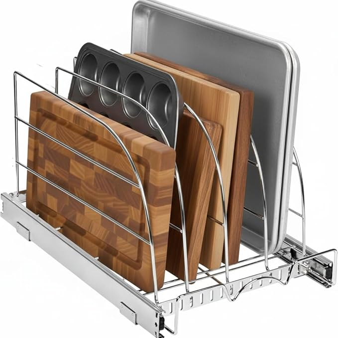 HOLDN’ STORAGE Pull Out Organizer for Bakeware, Cutting Board and Trays, Adjustable Dividers - Heavy Duty, Lifetime Limited Warranty - For Narrow Cabinet Spaces, 10.5”W x 21”D x 11”H, Chrome