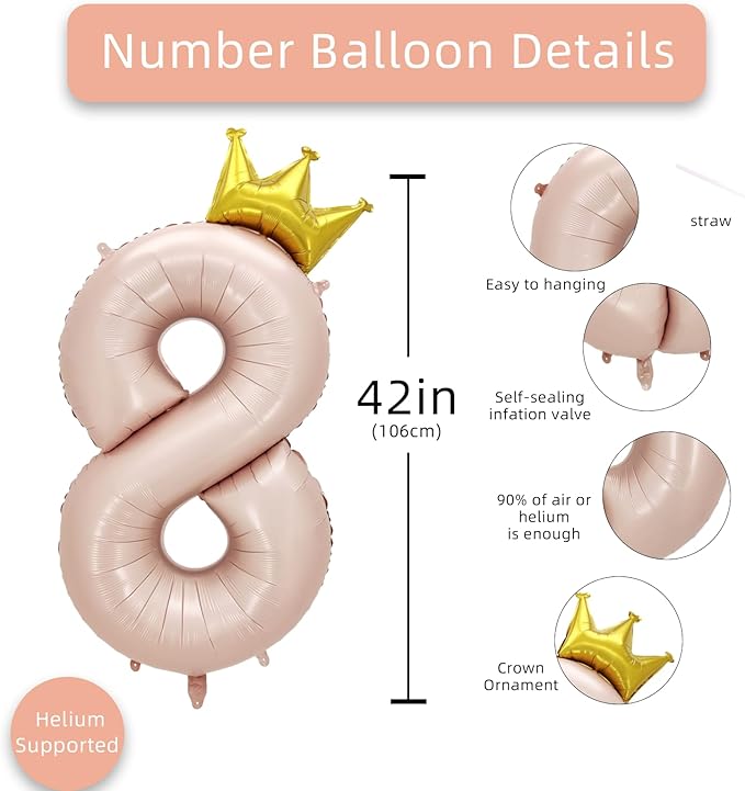 AULE 40 Inch Big Pink 8 Balloon Number with Crown Large Foil Helium Number Balloons 0-9 Jumbo Giant Happy 8th Birthday Party Decorations Huge Mylar Anniversary Party Supplies