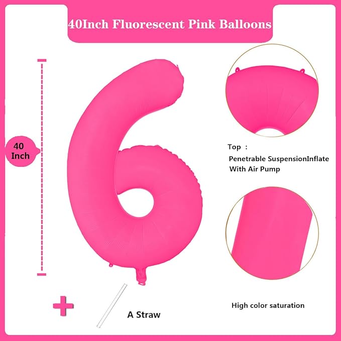 Fluorescent Rose Red Number Balloon 40 inch Giant Foil Helium Balloons Pink Number 6 Balloon for 6th Birthday Party Decorations