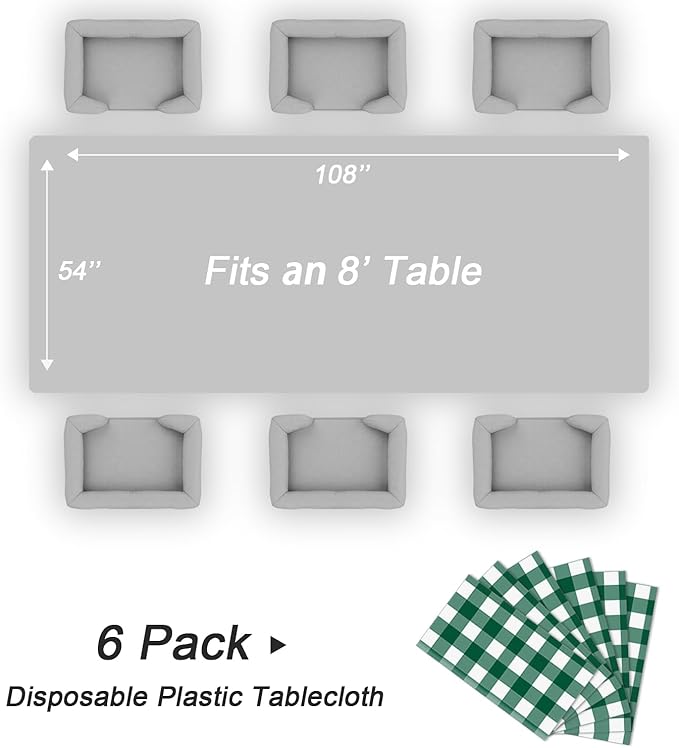 QIKSION Green Gingham Tablecloth Disposable 6 Pack, 54 x 108 Inch Green and White Checkered Table Cloth for Camping, Birthday, Masters Golf Party Supplies, Rectangle, Plastic Table Cover