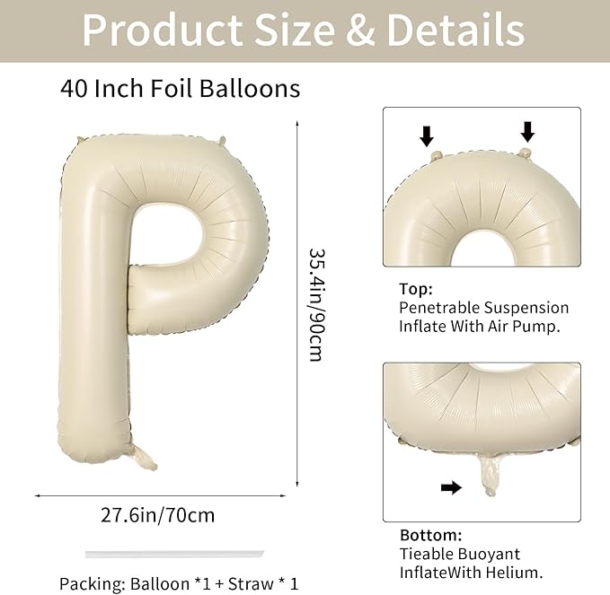Biapian 40 Inch Giant Cream Foil Balloons - Big Single Alphabet A-Z, Beige Large Aluminum Balloons for Birthday, Baby Shower, Wedding, Anniversary Party Decoration