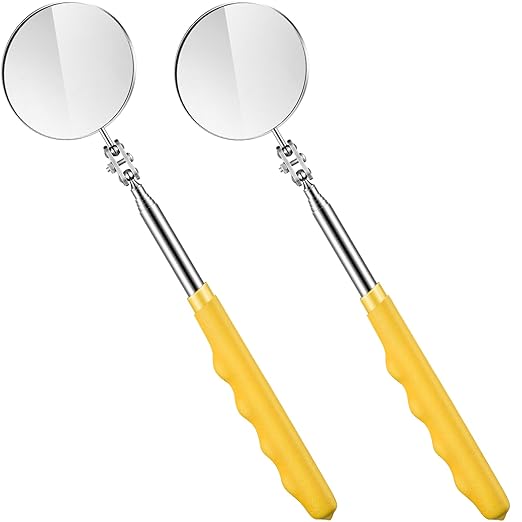 2 Pcs Telescoping Inspection Mirrors, Mechanics Mirror Tool with Long Handle, Round Extendable Mirror on a Stick for Technicians Mechanics Contractors Checking Observation(50mm,Yellow)