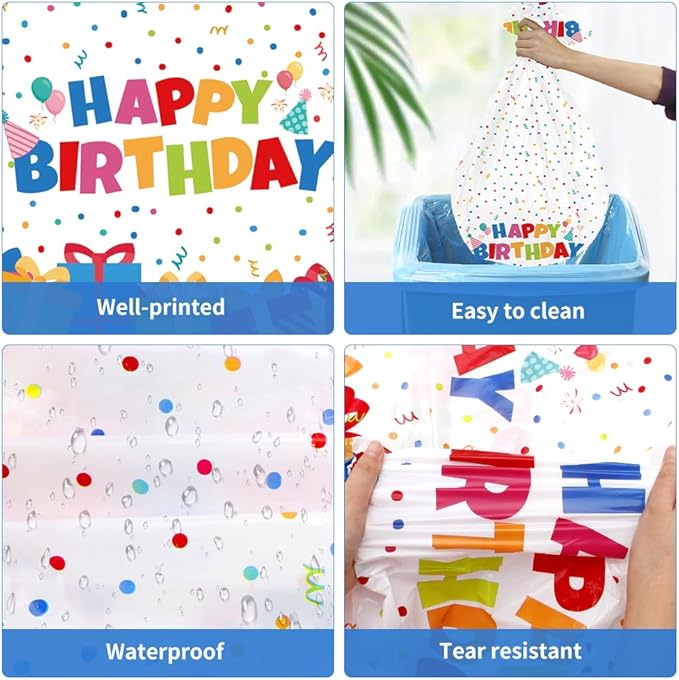 Birthday Tablecloth, 4 PCS Birthday Table Cloths 54'' x 108'' Disposable Birthdays Table Cover Waterproof Plastic TableCloth Rectangle Party Tablecloths for Kid’s Happy Birthdays Party Decorations