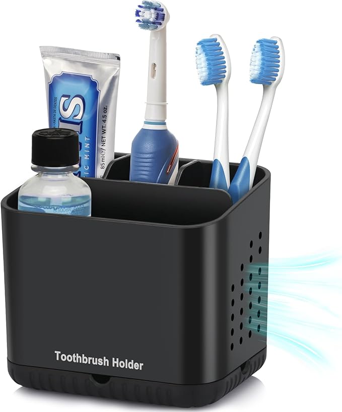 Black Toothbrush Holders for Bathrooms, Kids Electric Toothbrush and Toothpaste Holder, 4 Slots Tooth Brush Holder for Bathroom Countertop Organizer (Black)