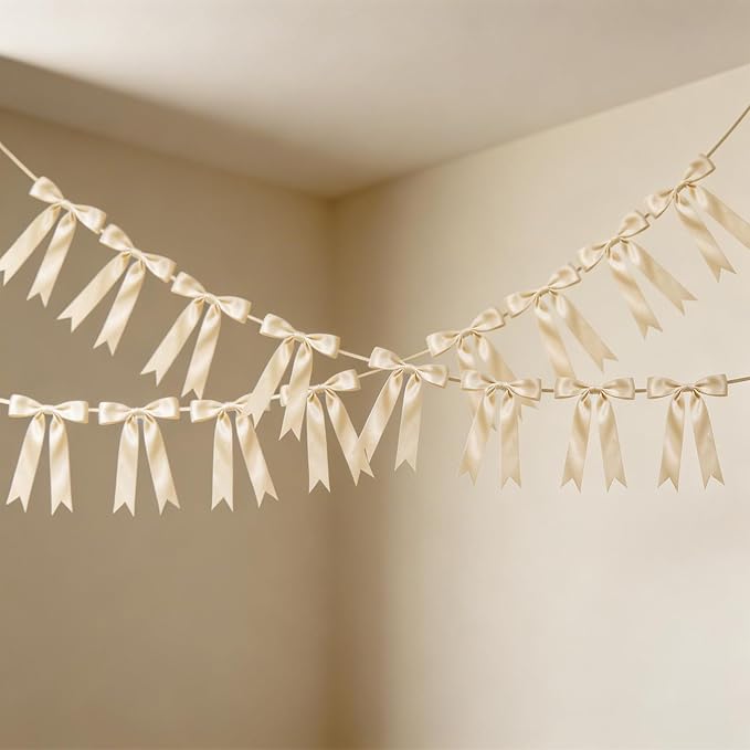 2 Strings Cream Bow Garland Banner Decorations, 16Pcs Pre-Strung Satin Ribbon with 6.7ft Chain for Ivory White Ribbon Bow Coquette Room Birthday Baby Bridal Shower Wedding Bachelorette Party Decor
