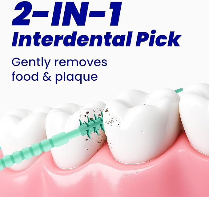 2-in-1 Interdental Pick-Soft Rubberized Brush Picks-Textured Plaque Removing Toothpick-Travel Hotel Restaurant Office Car-Comes with a Travel Case for On-The-Go Use-Mint -200 Count