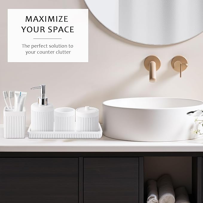 8-Piece White Bathroom Set - Resin Bathroom Accessories Sets Complete with Shower Curtain and Rugs, Soap Dispenser, Toothbrush Holder, Cup, Tray & Cotton Swab Jars