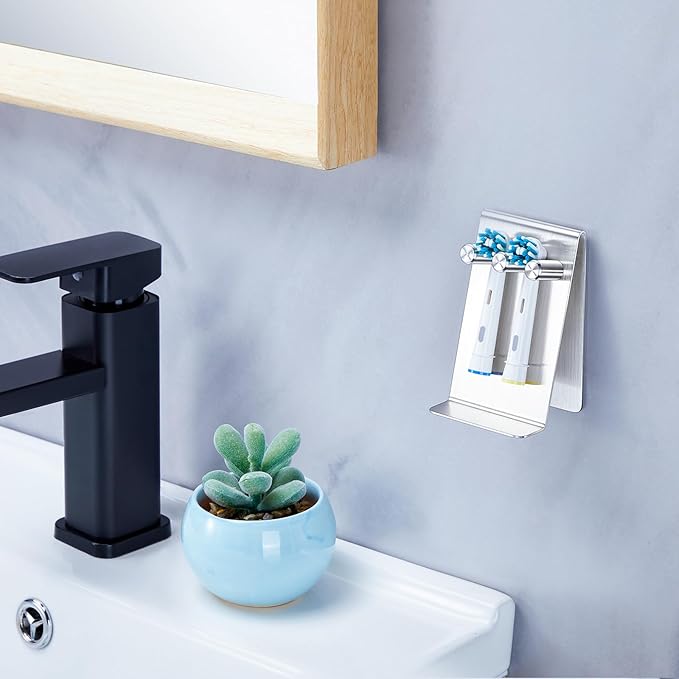 Electric Toothbrush Head Holder, Tabletop or Self Adhesive Tooth Brushing Holder, Bathroom Wall Mounted Shower Toothbrush Holders, Tooth Brush Head Storage Organiser (Silver, Small)