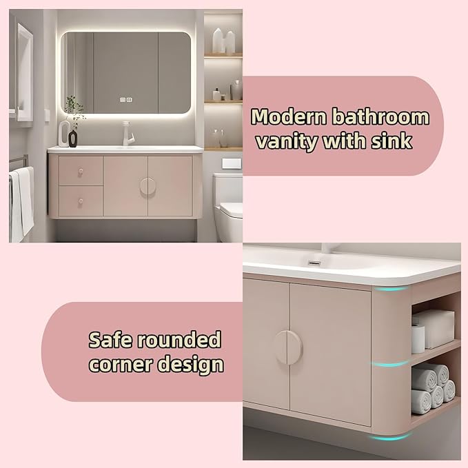 64IN Pink Modern Bathroom Vanity - Bathroom Vanities Set with 2 Drawers Wall Mounted | Rounded Corner Smart Defogging Mirror Cabinet with Lighting & Time Display, Side Opening Storage Shelf (Style A)