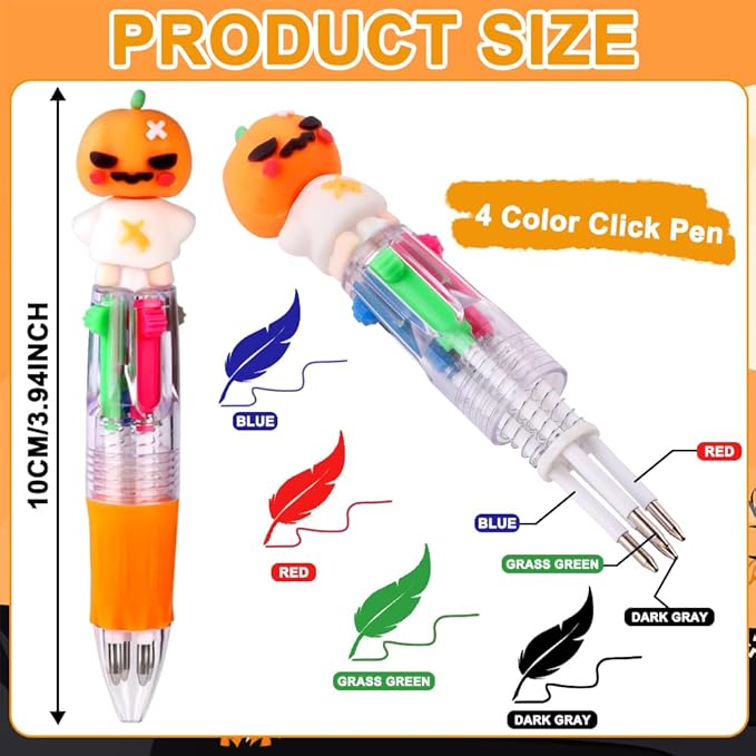24PCS Halloween Fun Pens Multicolor Ballpoint Pens 4 Colors in 1 Halloween Retractable 0.7mm Multicolor Writing Stationery for Party Favors Supplies Rewards Holiday Gifts