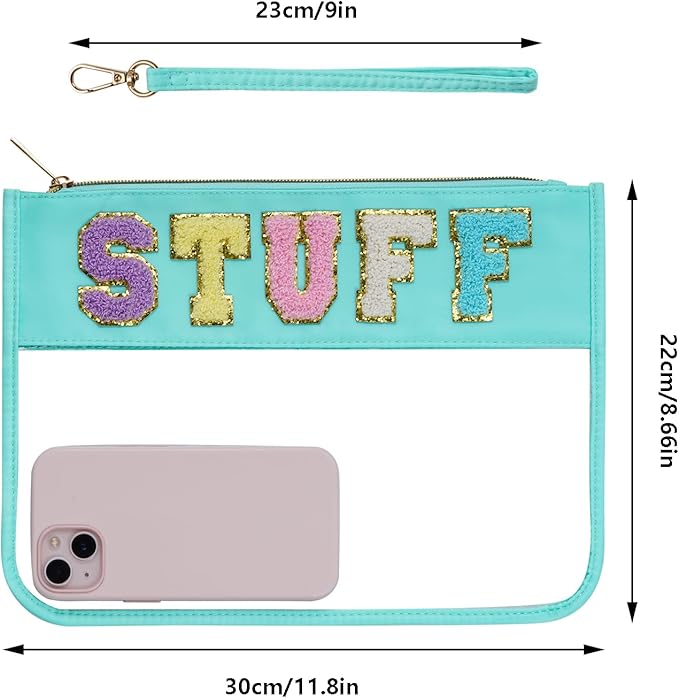 Chenille Letter Bag, Clear Flat Pouches with Zipper, Clear Makeup letter Bag, Multi-purpose Nylon Cosmetic Pouch Bags for Travel, Gym, Beach (Green-Stuff)