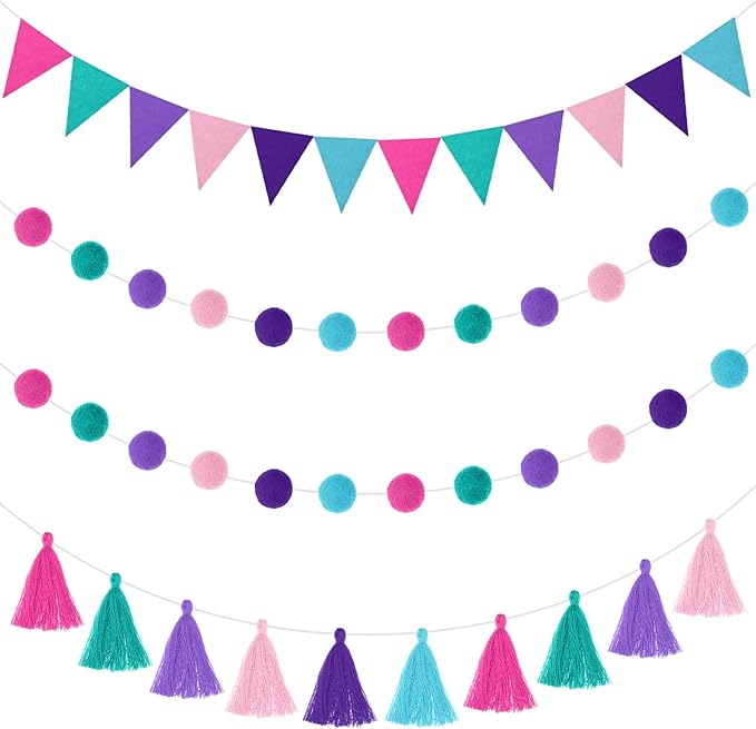 Irenare 9.8ft Pom Pom Garland Felt Rainbow Garland Graduation Party Decoration Colorful Pennant Tassel Banner Birthday Baby Shower Triangle Banner for Classroom School Mantel Fireplace(Mermaid Colors)