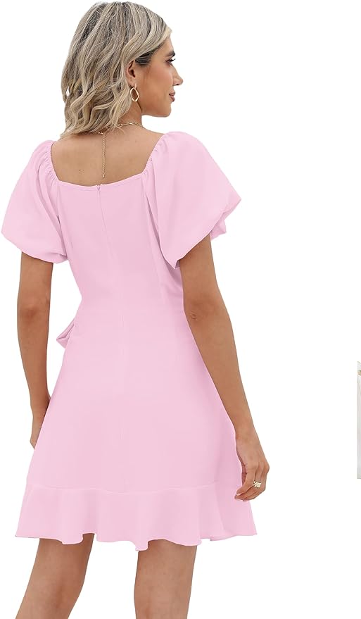 Sampeel Womens Summer Dresses Square Neck Puff Sleeve Tie Waist Short Dress