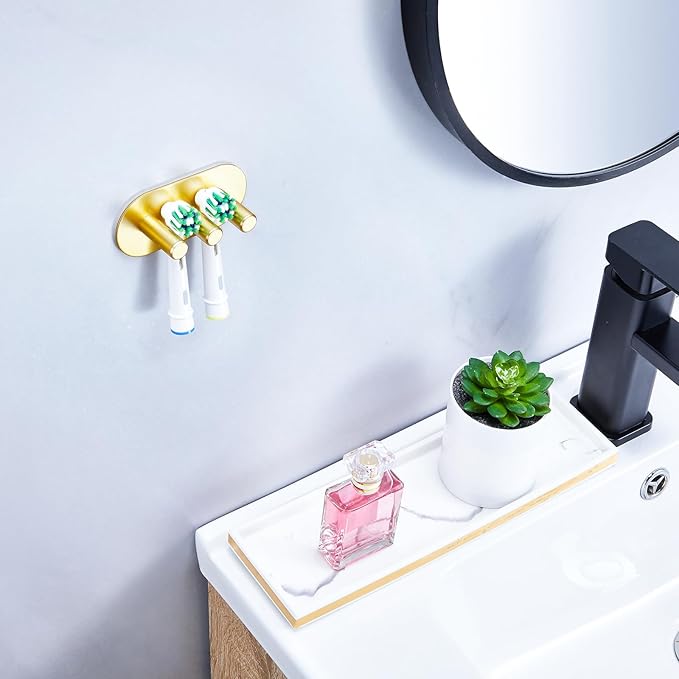 Electric Toothbrush Head Holder, Toothbrush Holders Wall Mounted, Adhesive Tooth Brush Head Holder Organiser, Electric Toothbrushs Holder, Shower Tooth Brushing Holder (Gold, Small)