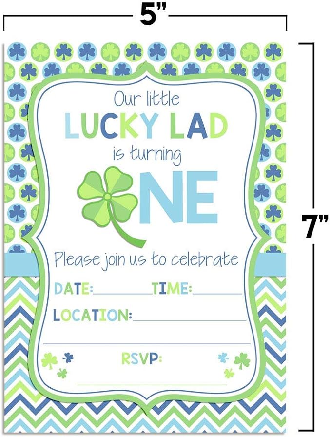 Lucky Lad First Birthday Clover St. Patrick’s Day Party Invitations for Boys, 20 5x7 Fill In Cards with Twenty White Envelopes by AmandaCreation