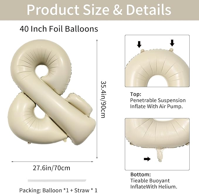 Biapian 40 Inch Ampersand Balloons, Cream Symbol & Foil Balloon, Big Single Sign Jumbo Balloon, Beige Large Aluminum DIY Balloons for Name Abbreviation, Birthday, Baby Shower, Wedding Party Decoration