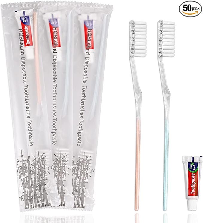 HQSLsund 50 Pack Disposable Toothbrush Kit with Toothpaste, Individually Wrapped Travel Toothbrushes Soft Bristle Manual