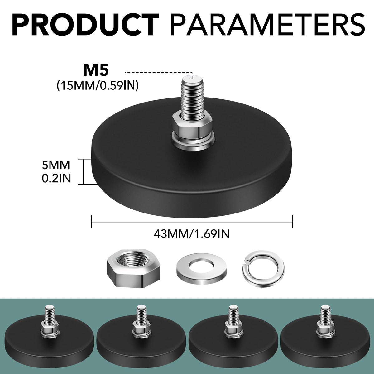 24Pack Rubber Coated Magnets, 30LBS Rubber Coated Neodymium Magnets with M5 Magnetic Assembly Base for Light Bar Mirror Camera Tool(1.69 Inch) ", since the Item received has an M5 thread.